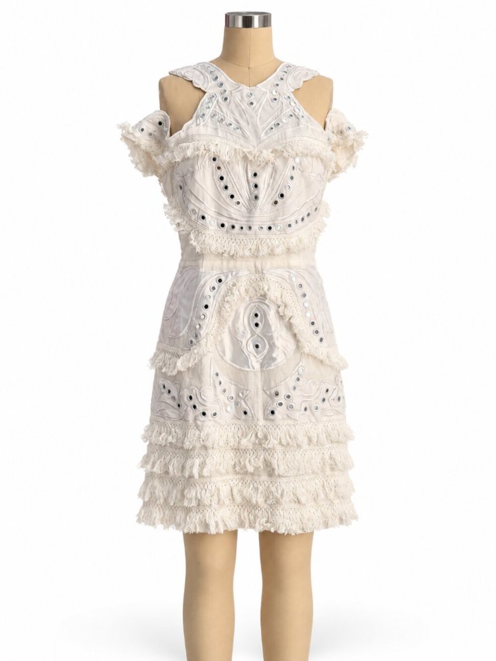 White Embroidered Cold Shoulder Dress with Eyelets & Fringe
